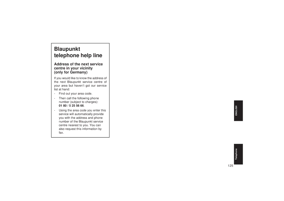 Blaupunkt TCM 127 operating instructions Blaupunkt telephone help line, 01 80 / 5 25 56 