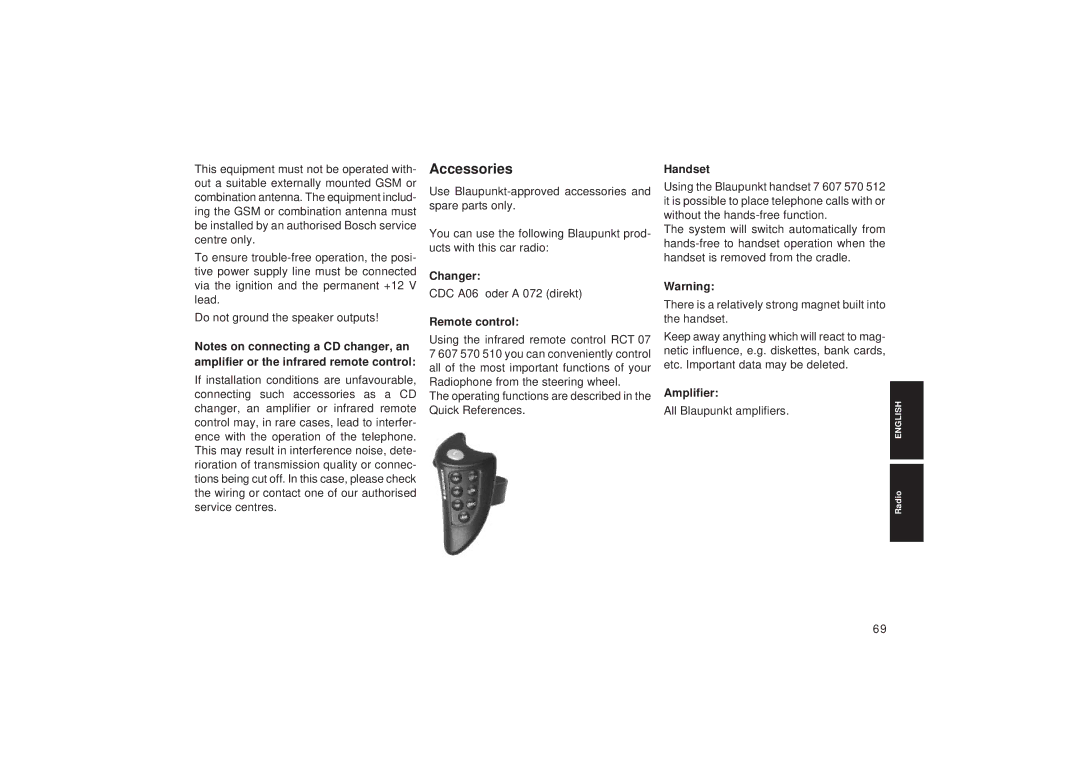 Blaupunkt TCM 127 operating instructions Accessories, Changer, Remote control, Handset, Amplifier 