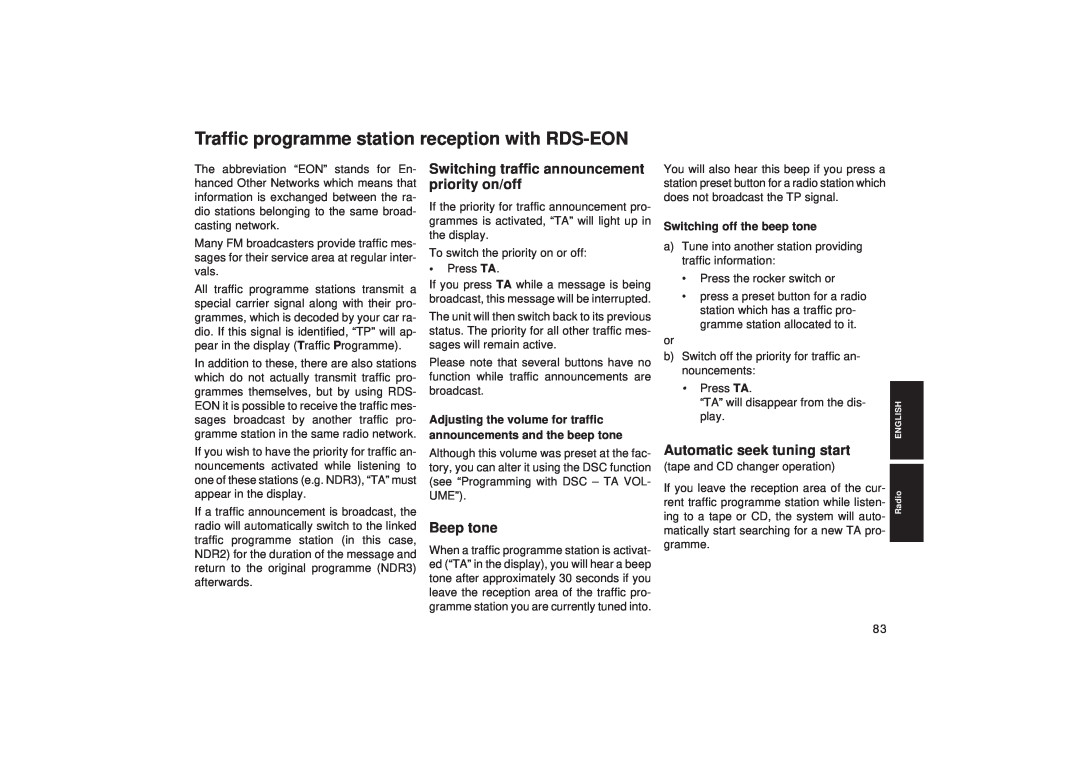 Blaupunkt TCM 127 Traffic programme station reception with RDS-EON, Switching traffic announcement priority on/off 