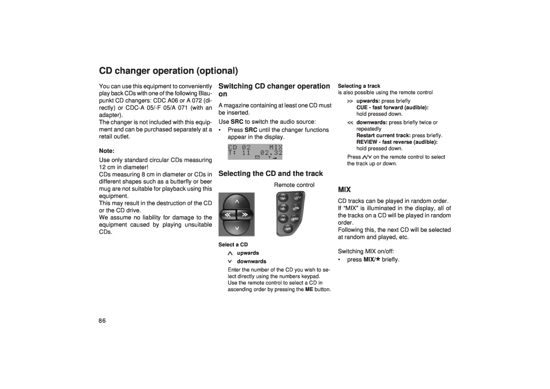 Blaupunkt TCM 127 CD changer operation optional, Switching CD changer operation on, Selecting the CD and the track 