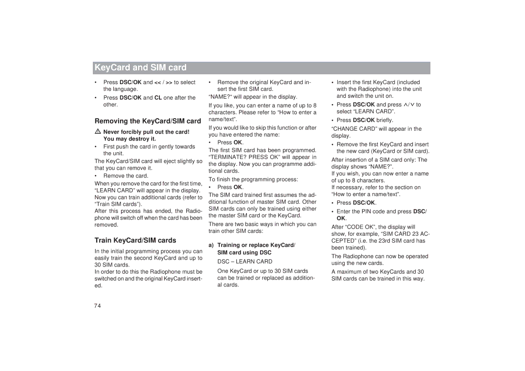 Blaupunkt TCM 169 operating instructions KeyCard and SIM card, Removing the KeyCard/SIM card, Train KeyCard/SIM cards 