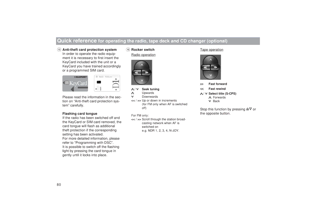 Blaupunkt TCM 169 Tape operation, Flashing card tongue, Stop this function by pressing or the opposite button 
