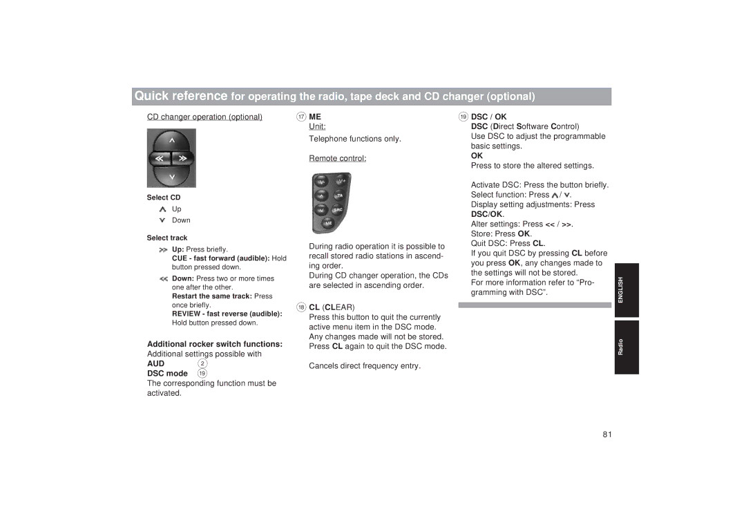 Blaupunkt TCM 169 Additional rocker switch functions, Additional settings possible with AUD, DSC mode C ME Unit 