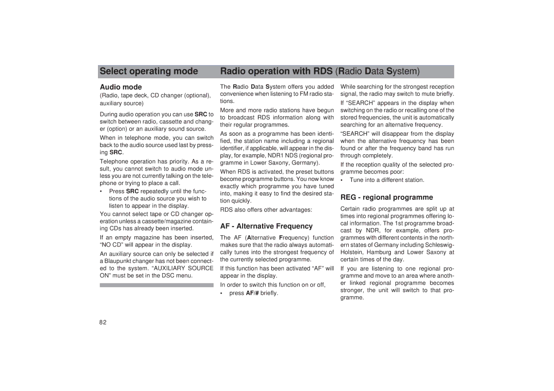 Blaupunkt TCM 169 operating instructions Audio mode, AF Alternative Frequency, REG regional programme 