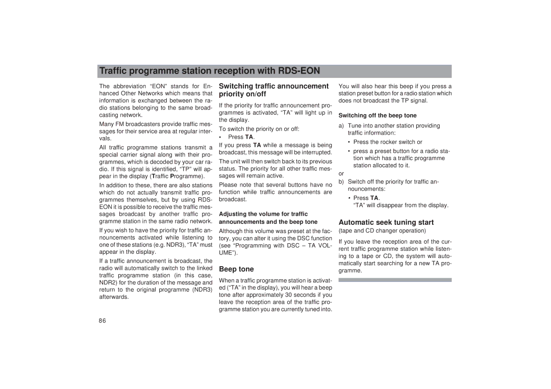 Blaupunkt TCM 169 Traffic programme station reception with RDS-EON, Switching traffic announcement priority on/off 
