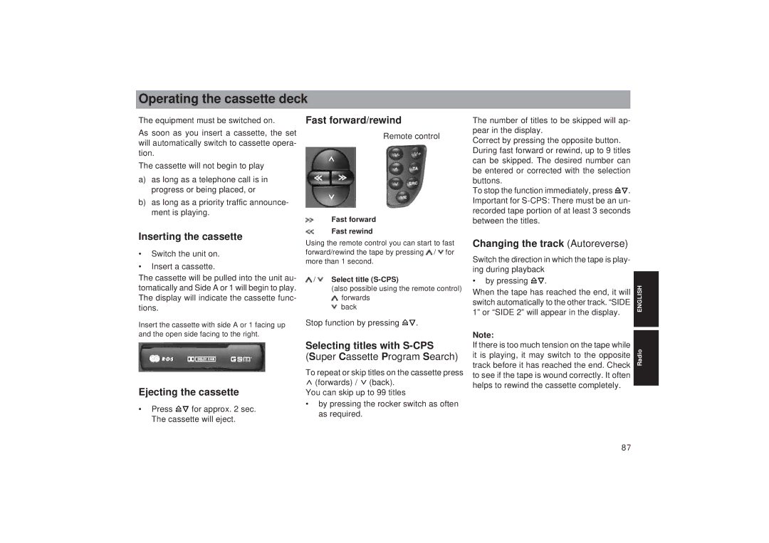 Blaupunkt TCM 169 operating instructions Operating the cassette deck 