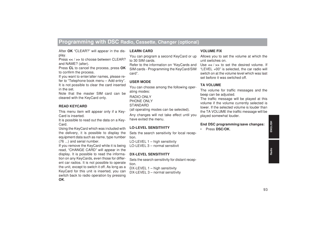 Blaupunkt TCM 169 You can choose among the following oper- ating modes, End DSC programming/save changes 