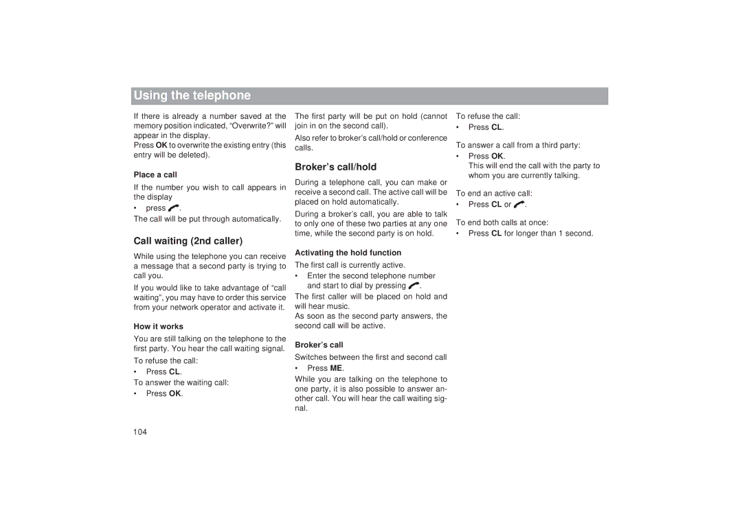 Blaupunkt TCM 169 operating instructions Call waiting 2nd caller, Broker’s call/hold 