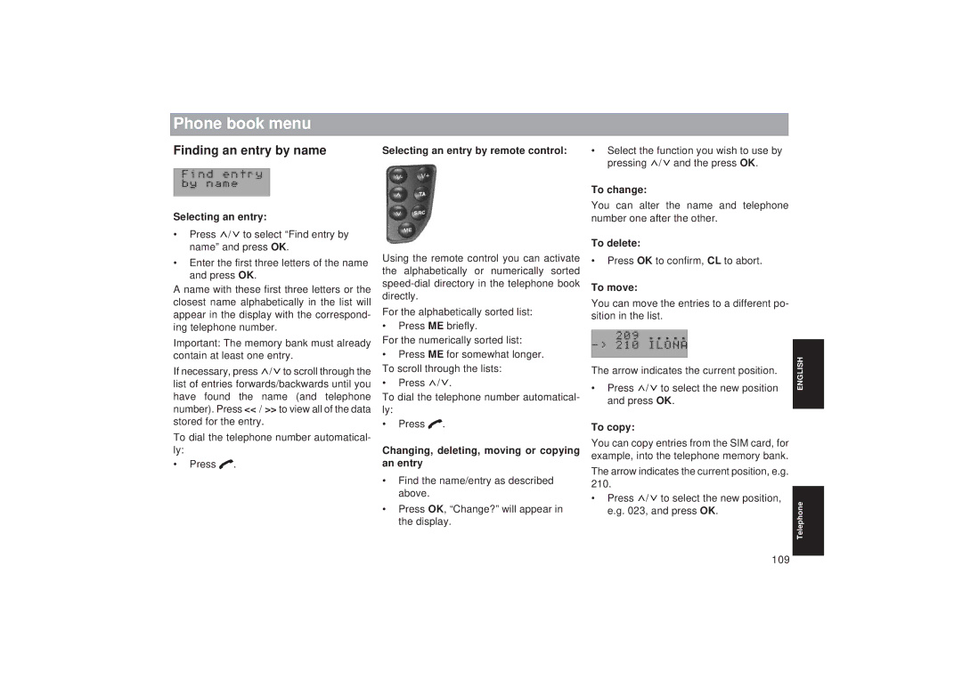 Blaupunkt TCM 169 operating instructions Finding an entry by name 