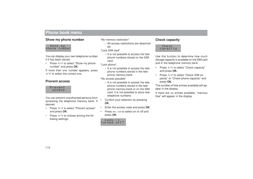 Blaupunkt TCM 169 operating instructions Show my phone number, Prevent access, Check capacity 