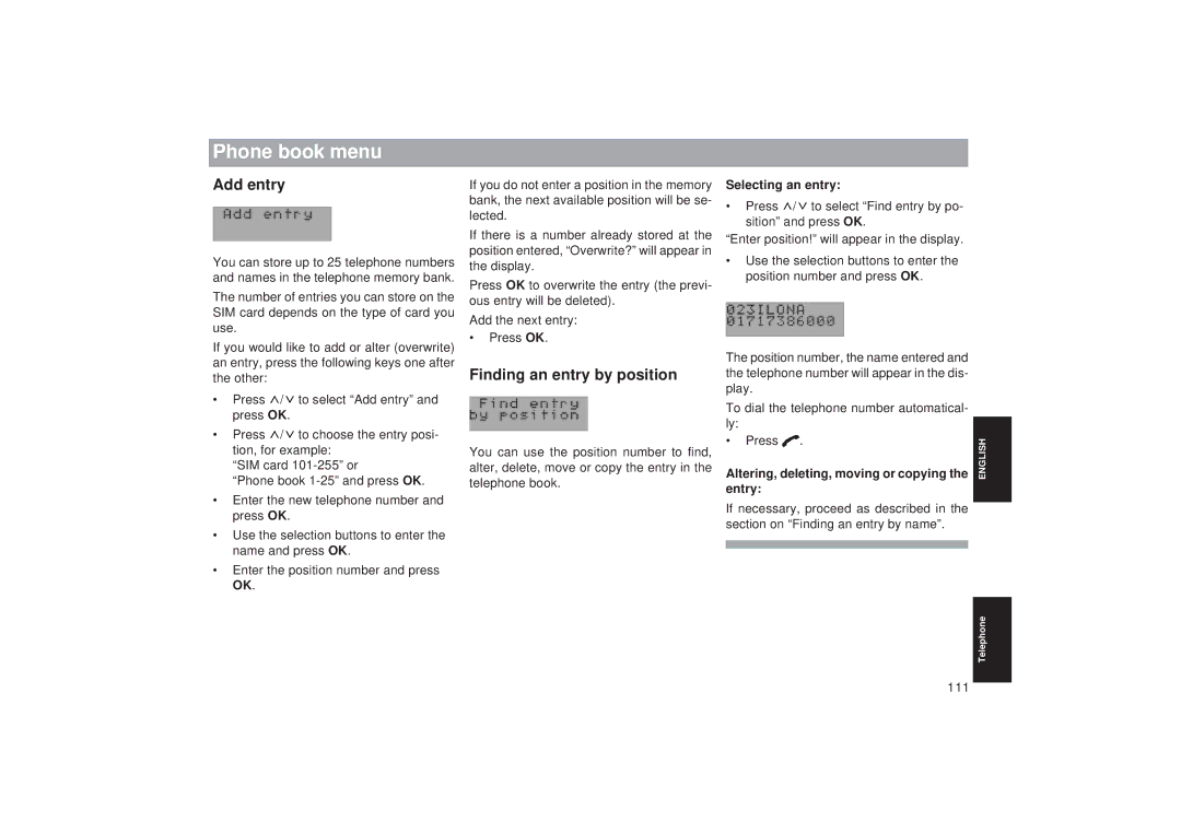 Blaupunkt TCM 169 Add entry, Finding an entry by position, Altering, deleting, moving or copying the entry 