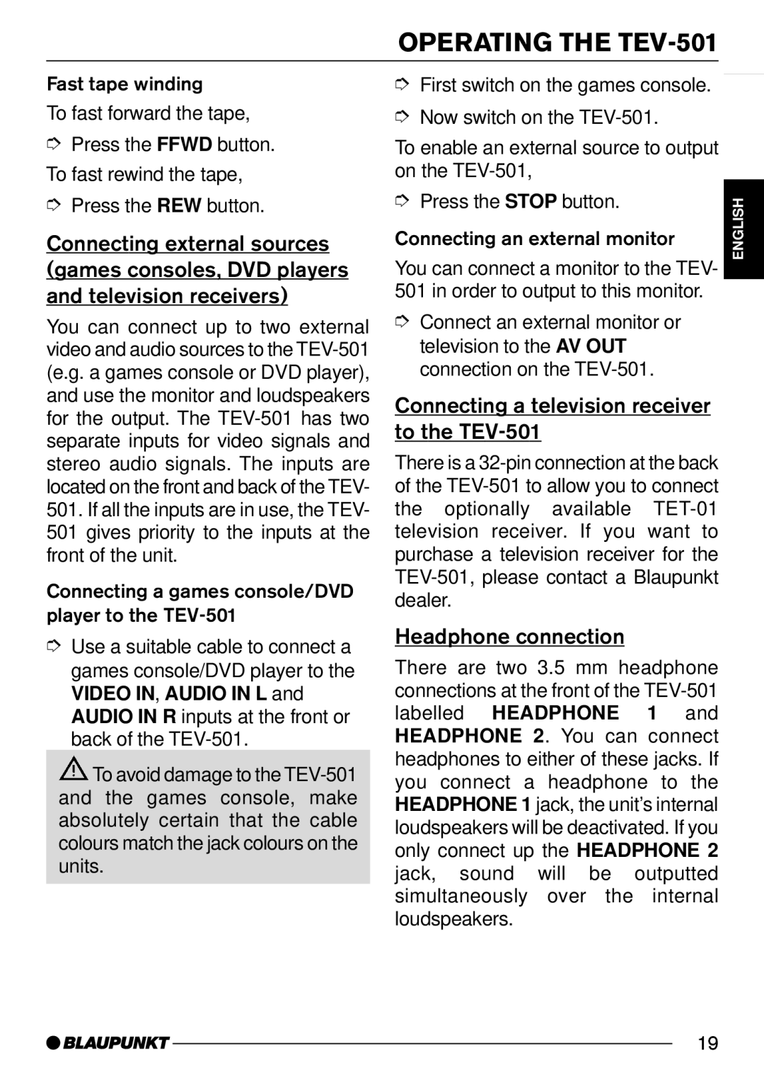 Blaupunkt installation instructions Connecting a television receiver to the TEV-501, Headphone connection 