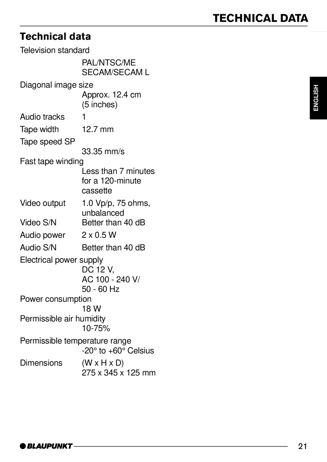 Blaupunkt TEV-501 installation instructions Technical Data, Technical data 