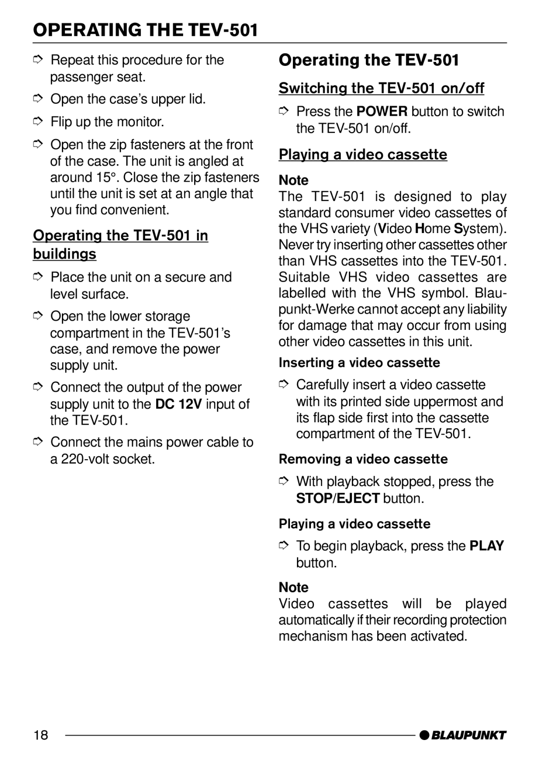 Blaupunkt Operating the TEV-501 in buildings, Switching the TEV-501 on/off, Playing a video cassette 