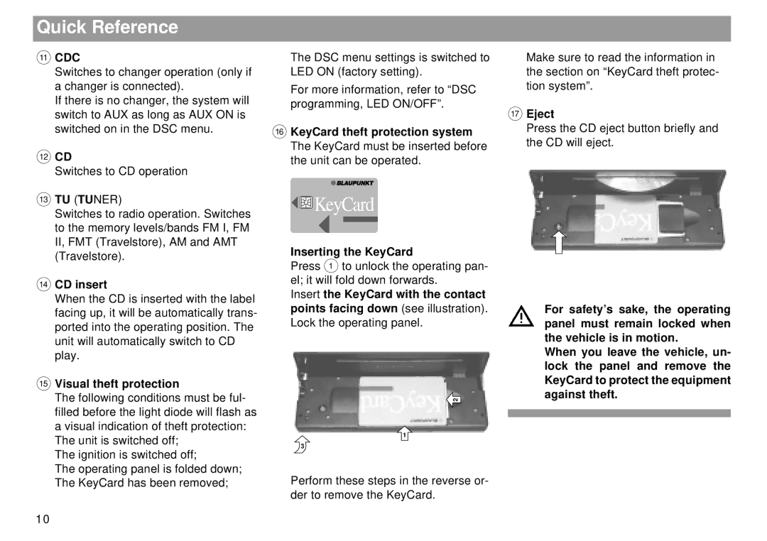 Blaupunkt Tokyo RDM 169 operating instructions Cdc, = TU Tuner 