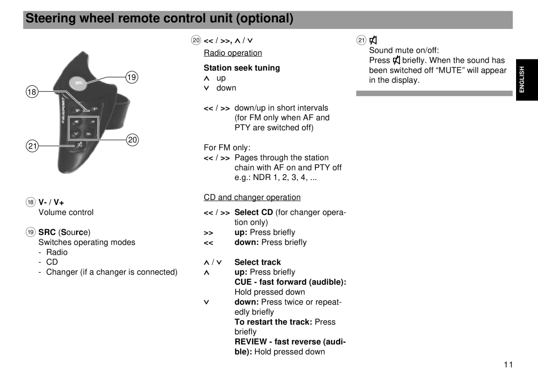 Blaupunkt Tokyo RDM 169 Steering wheel remote control unit optional, Radio operation Station seek tuning up, SRC Source 