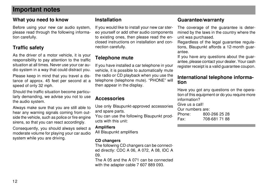 Blaupunkt Tokyo RDM 169 operating instructions Important notes 