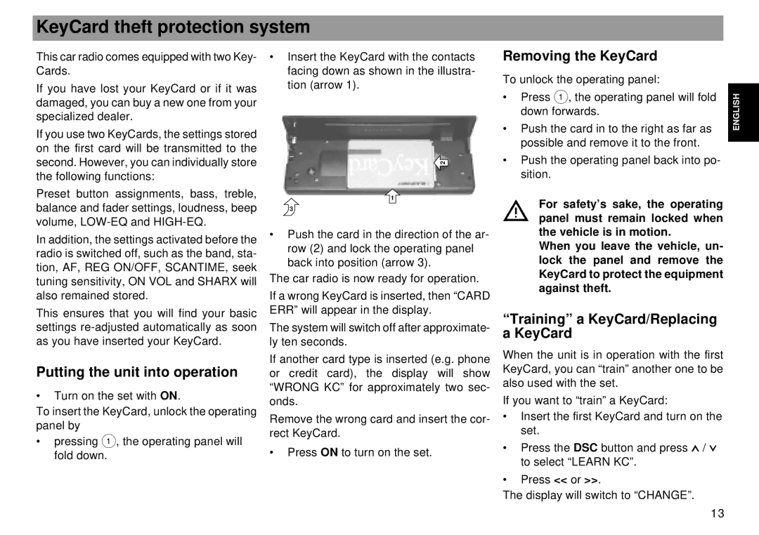 Blaupunkt Tokyo RDM 169 KeyCard theft protection system, Putting the unit into operation, Removing the KeyCard 