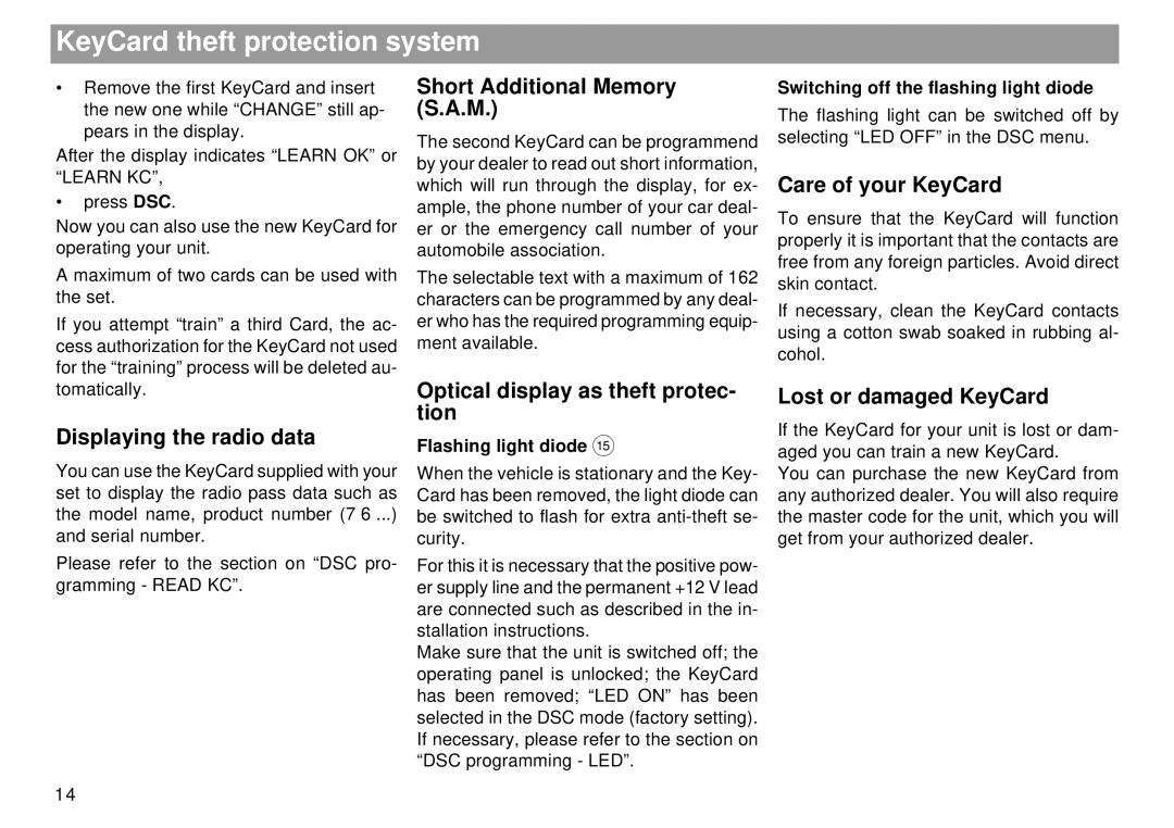 Blaupunkt Tokyo RDM 169 operating instructions KeyCard theft protection system 