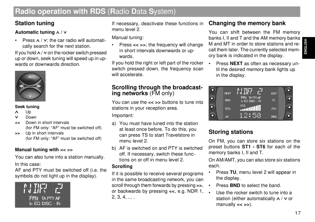 Blaupunkt Tokyo RDM 169 Radio operation with RDS Radio Data System, Station tuning, Changing the memory bank 