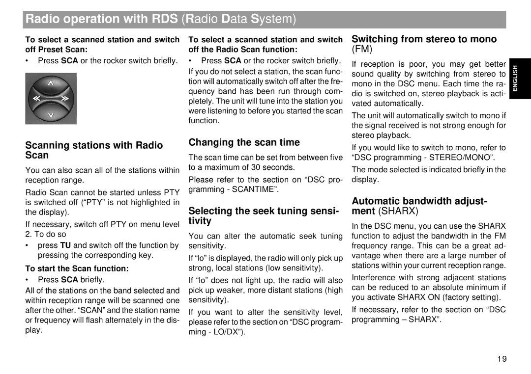 Blaupunkt Tokyo RDM 169 Switching from stereo to mono, Scanning stations with Radio Scan, Changing the scan time 