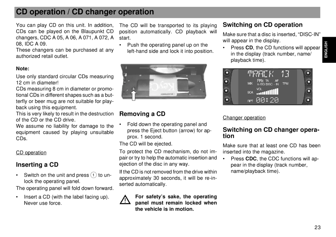 Blaupunkt Tokyo RDM 169 CD operation / CD changer operation, Inserting a CD, Removing a CD, Switching on CD operation 