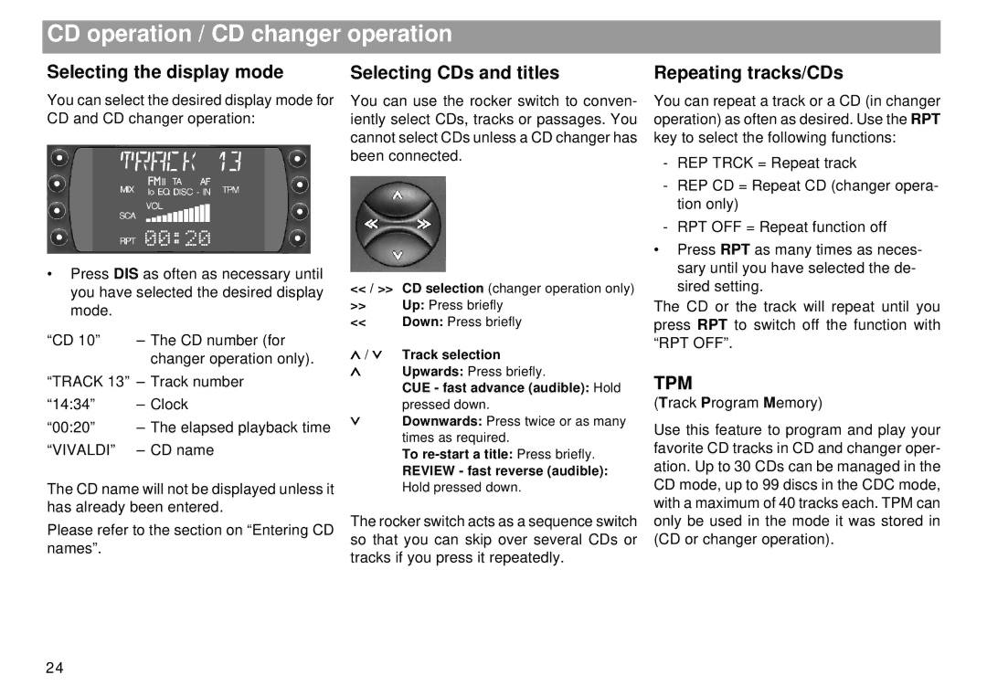 Blaupunkt Tokyo RDM 169 CD operation / CD changer operation, Selecting the display mode, Selecting CDs and titles 