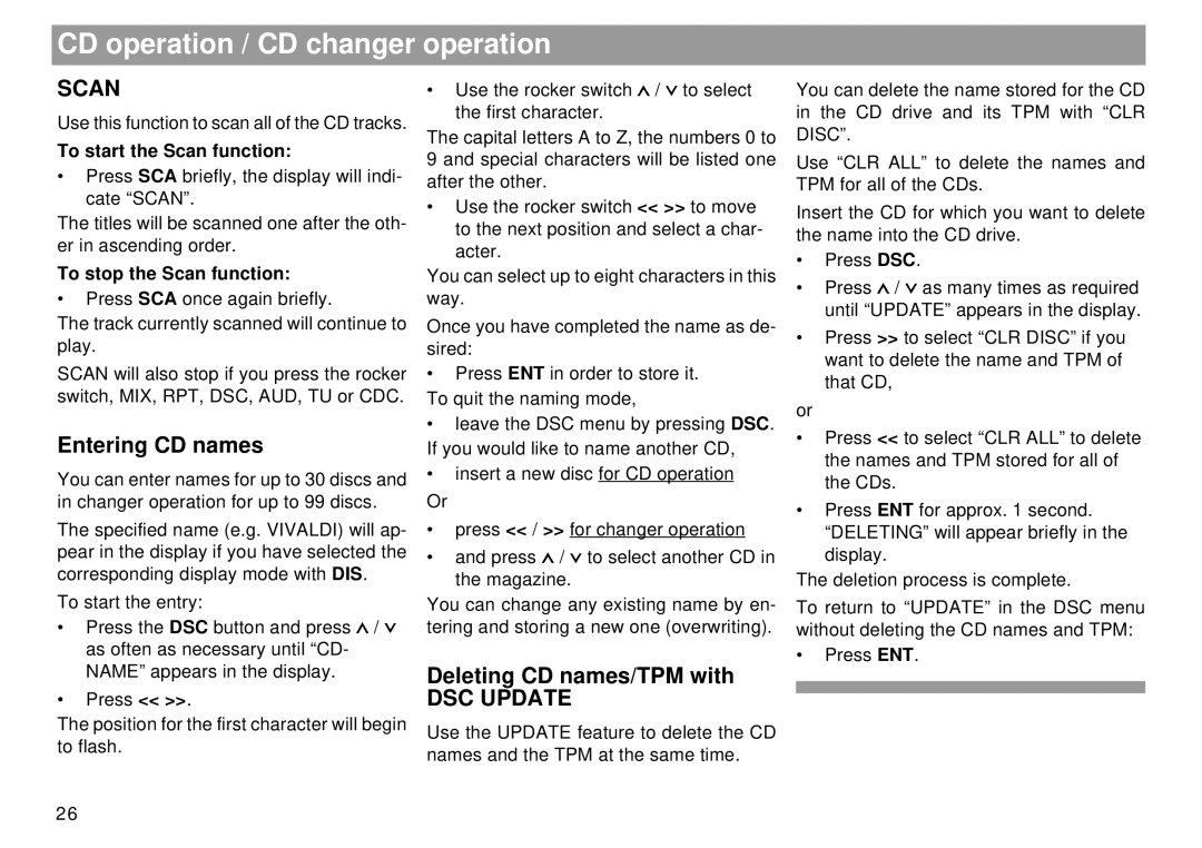 Blaupunkt Tokyo RDM 169 operating instructions Entering CD names, Deleting CD names/TPM with, To stop the Scan function 