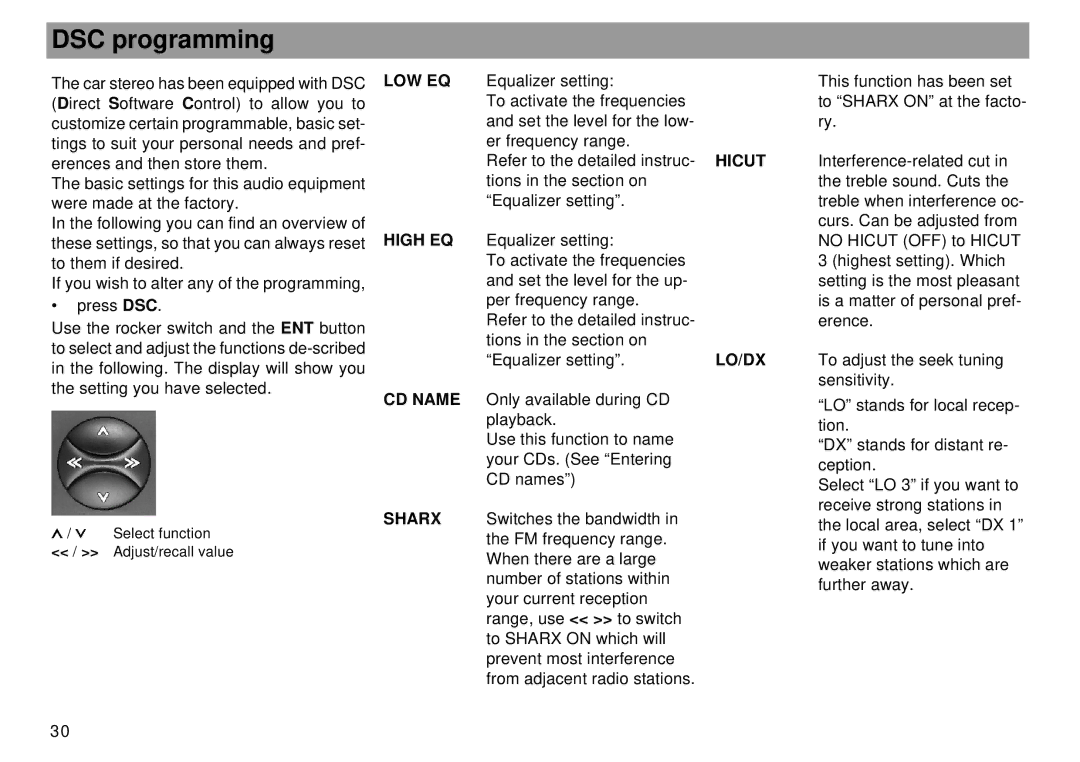 Blaupunkt Tokyo RDM 169 operating instructions DSC programming, Low Eq, Hicut, High EQ, Lo/Dx 