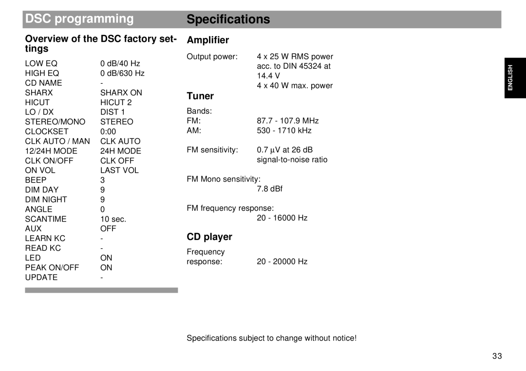 Blaupunkt Tokyo RDM 169 DSC programming Specifications, Overview of the DSC factory set- tings, Amplifier, Tuner 