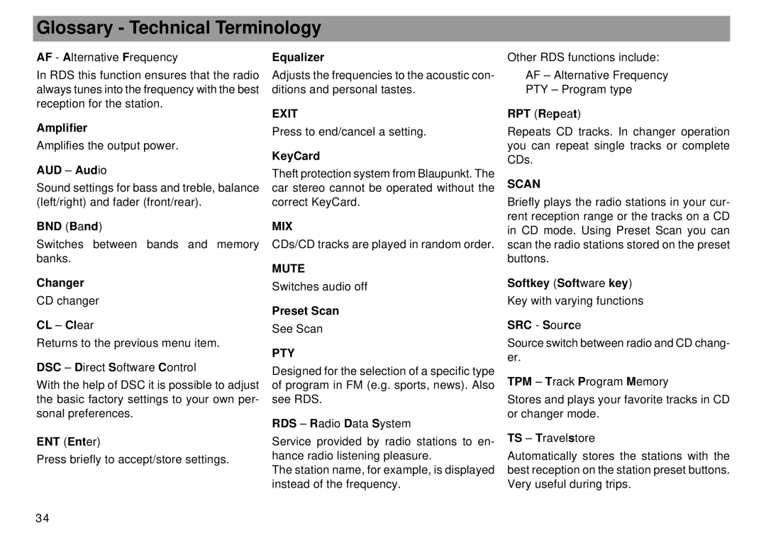 Blaupunkt Tokyo RDM 169 operating instructions Glossary Technical Terminology, Mute, Scan 