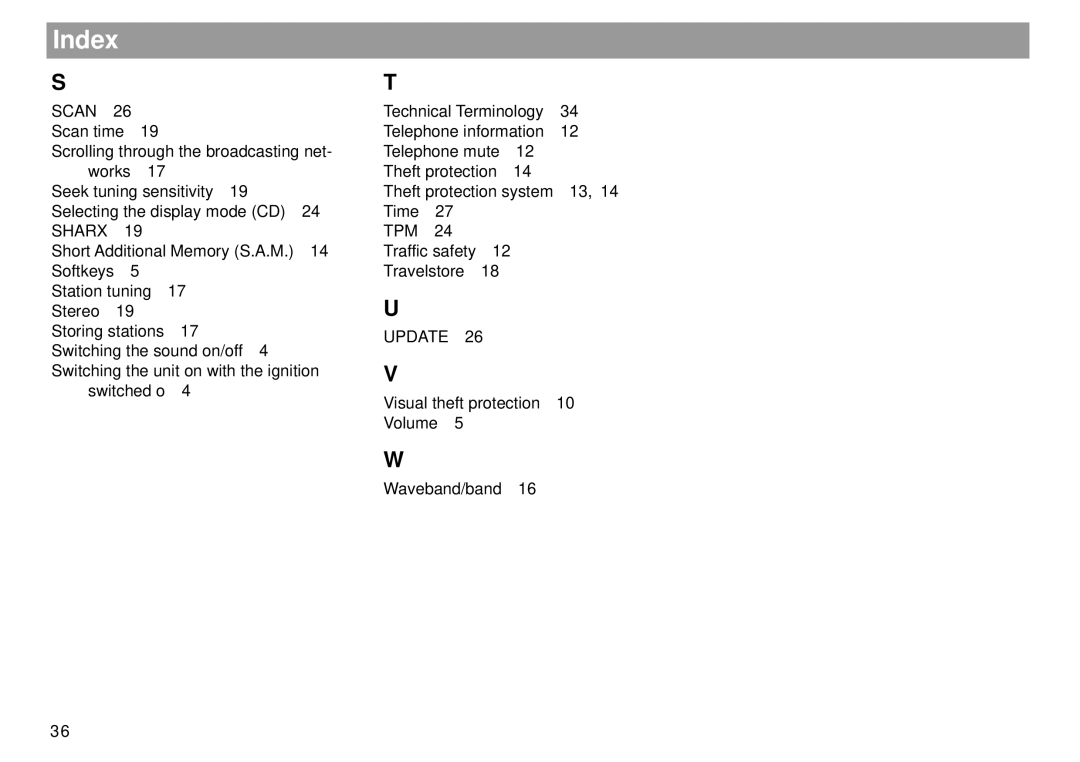 Blaupunkt Tokyo RDM 169 operating instructions Index, Sharx TPM 