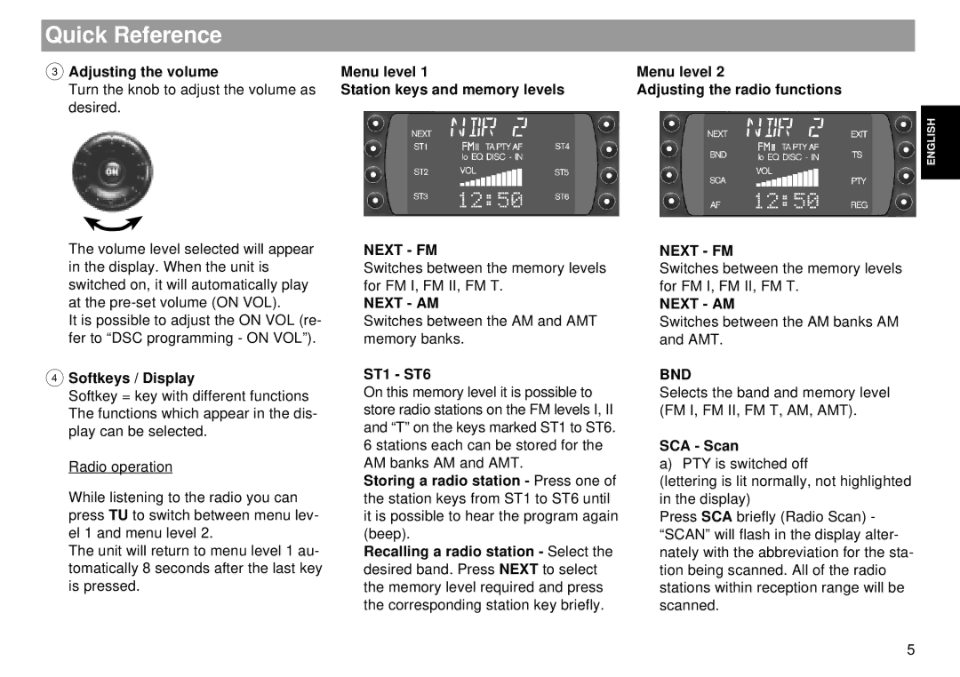 Blaupunkt Tokyo RDM 169 operating instructions Quick Reference, Next FM, Next AM, Bnd 