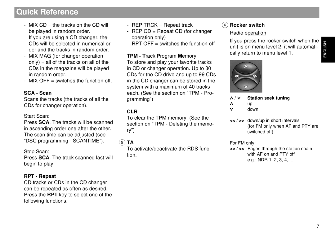 Blaupunkt Tokyo RDM 169 operating instructions RPT Repeat, Clr, Rocker switch 