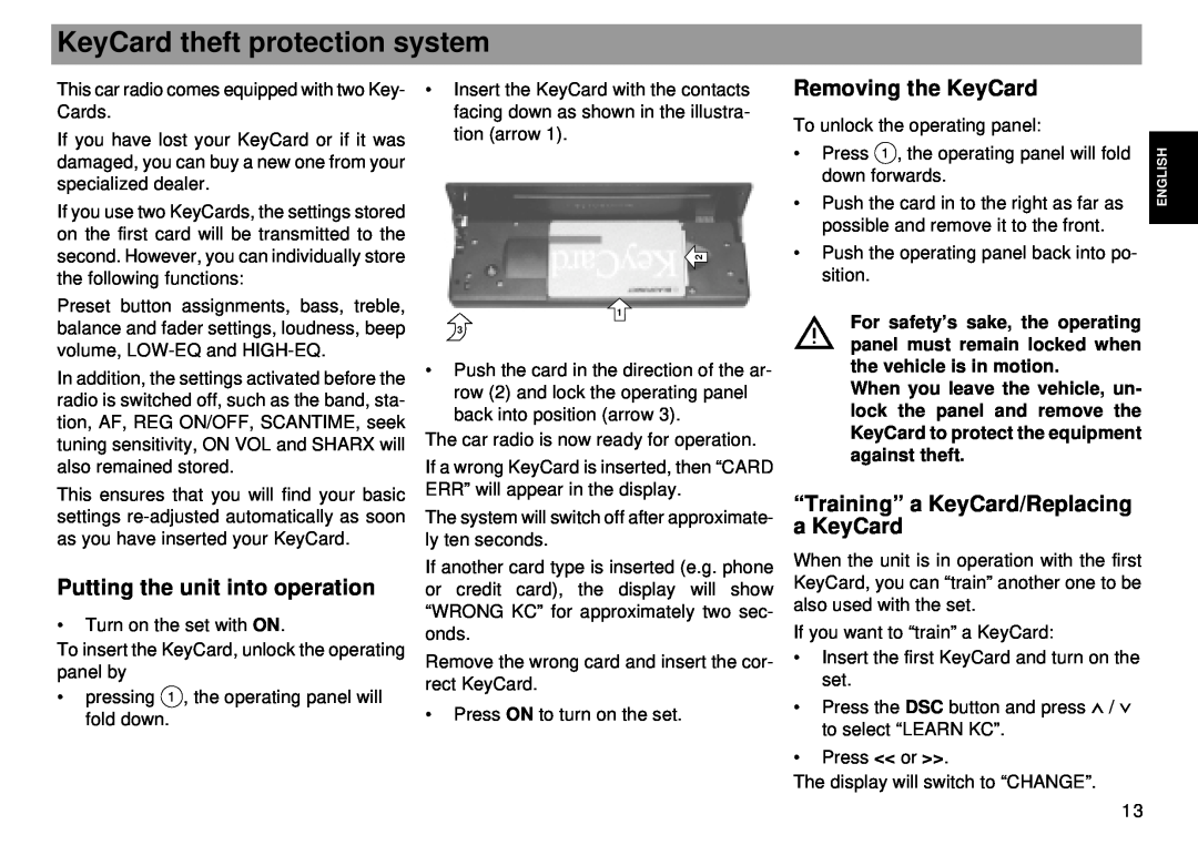 Blaupunkt Tokyo RDM 169 KeyCard theft protection system, Putting the unit into operation, Removing the KeyCard 