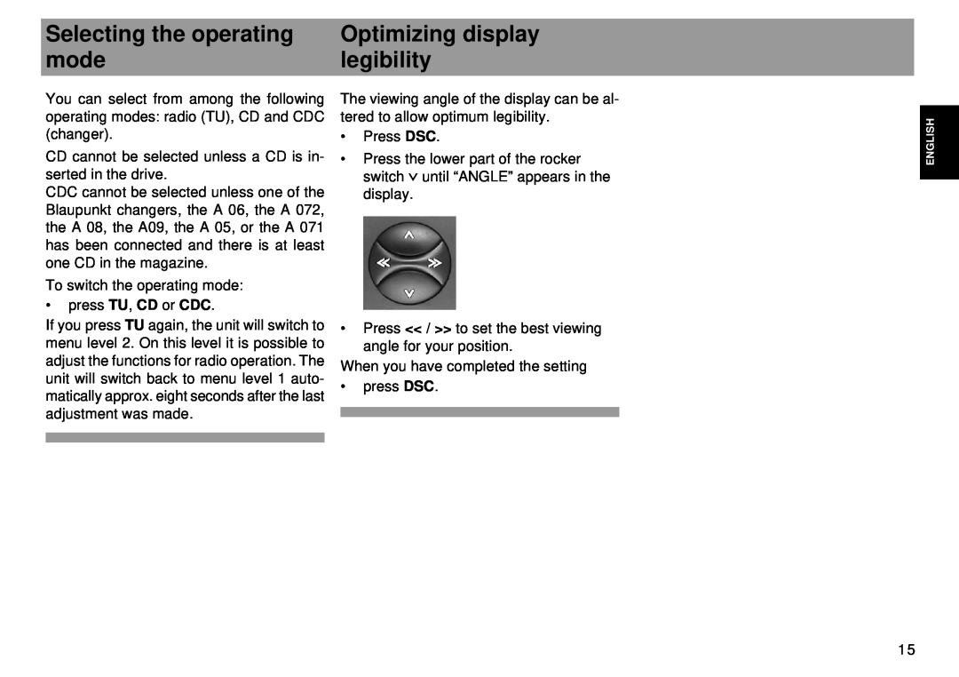 Blaupunkt Tokyo RDM 169 operating instructions Selecting the operating, Optimizing display, mode, legibility 