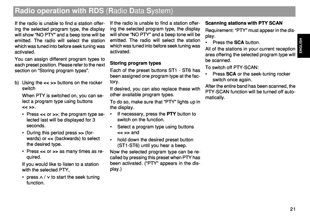 Blaupunkt Tokyo RDM 169 Storing program types, Scanning stations with PTY SCAN, Radio operation with RDS Radio Data System 