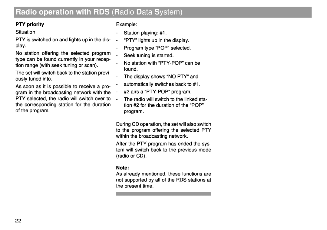 Blaupunkt Tokyo RDM 169 operating instructions PTY priority, Radio operation with RDS Radio Data System 