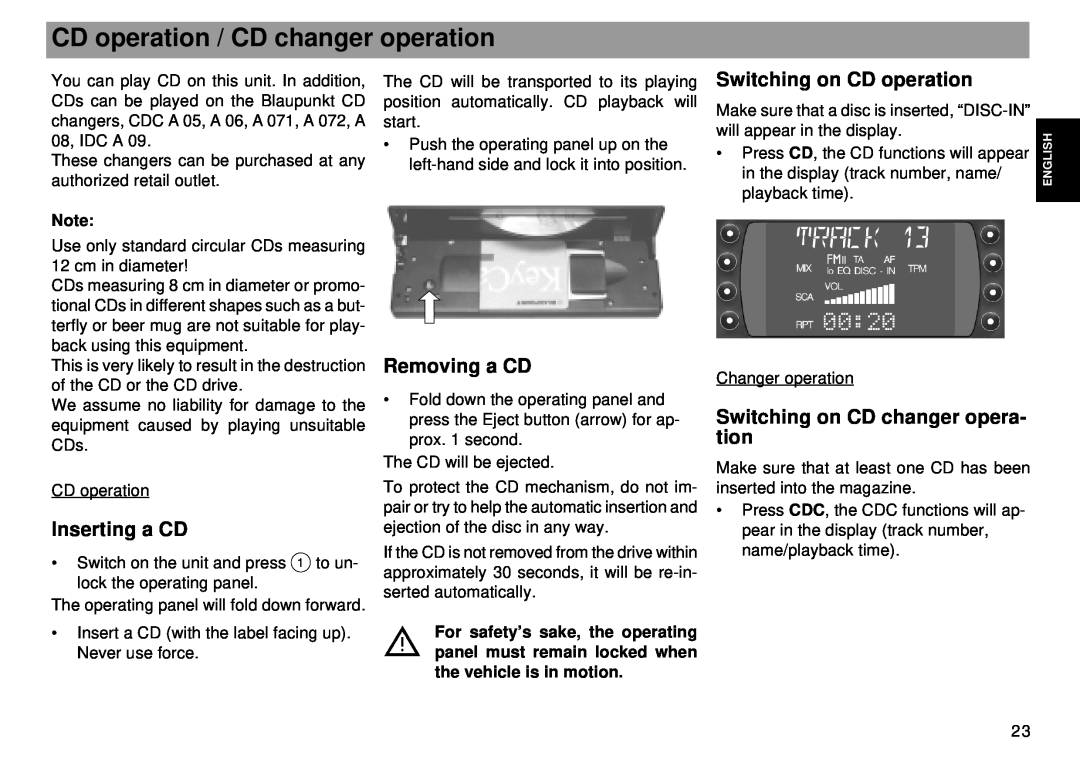 Blaupunkt Tokyo RDM 169 CD operation / CD changer operation, Inserting a CD, Removing a CD, Switching on CD operation 