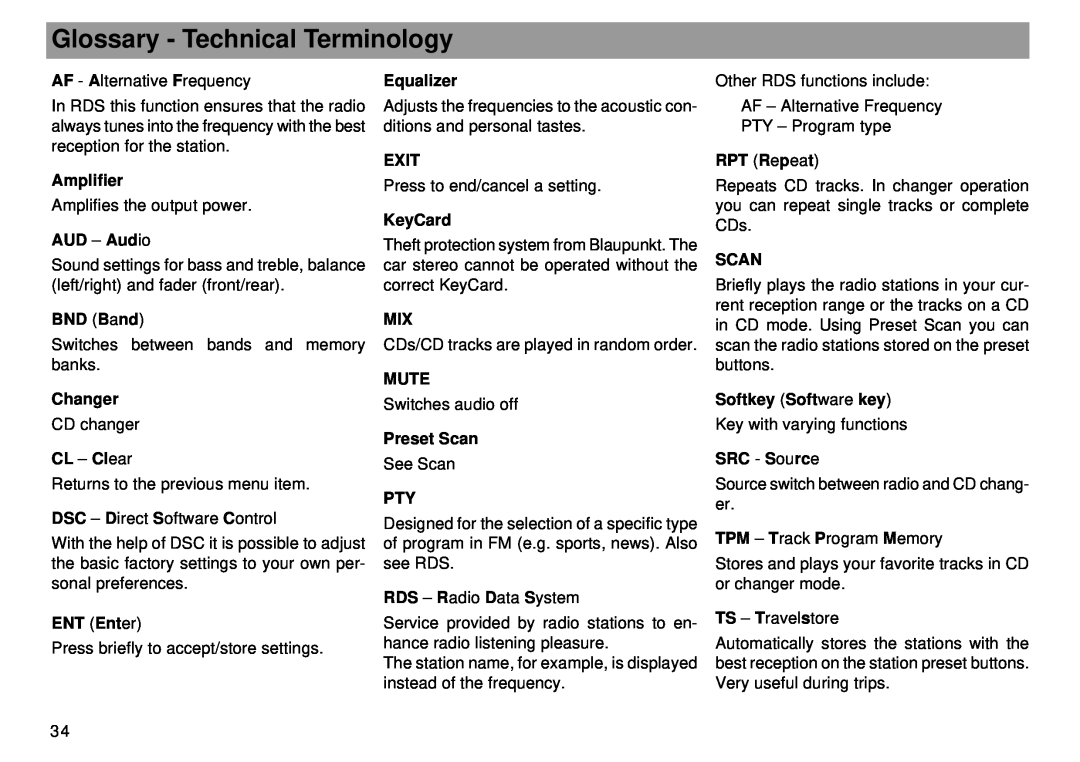 Blaupunkt Tokyo RDM 169 Glossary - Technical Terminology, Amplifier, AUD - Audio, BND Band, Changer, CL - Clear, ENT Enter 