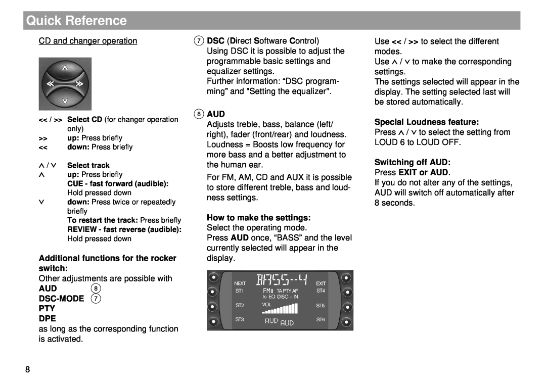 Blaupunkt Tokyo RDM 169 Additional functions for the rocker switch, Dsc-Mode Pty Dpe, 8 AUD, Special Loudness feature 