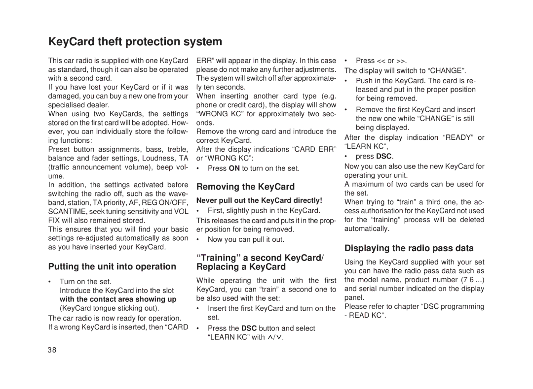 Blaupunkt Toronto RDM 128 KeyCard theft protection system, Removing the KeyCard, Never pull out the KeyCard directly 