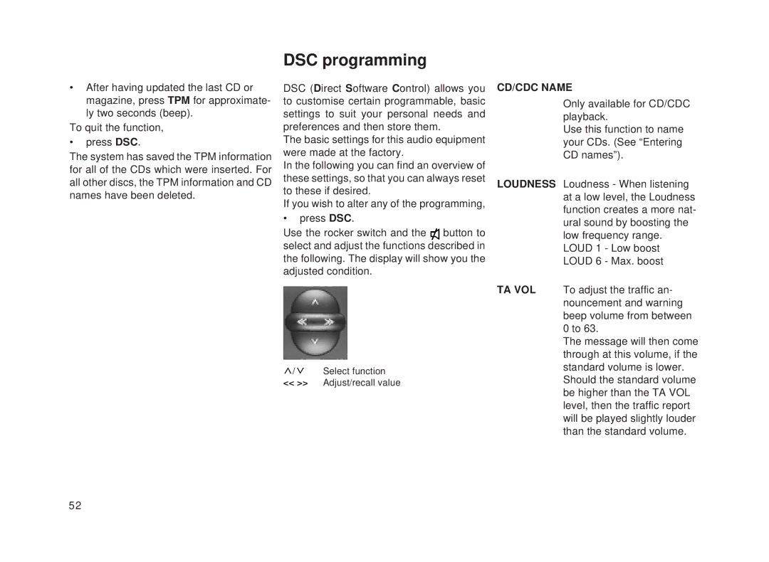 Blaupunkt Toronto RDM 128 operating instructions DSC programming, CD/CDC Name 