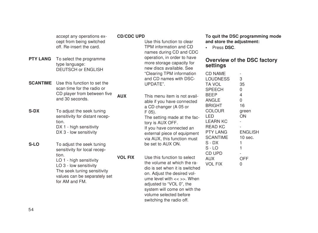 Blaupunkt Toronto RDM 128 operating instructions Overview of the DSC factory settings, Cd/Cdc Upd, Aux, Vol Fix 