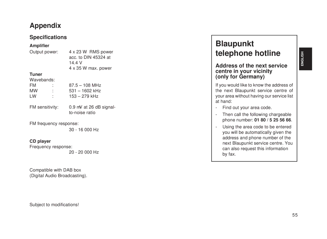 Blaupunkt Toronto RDM 128 operating instructions Appendix, Specifications, Tuner, CD player 