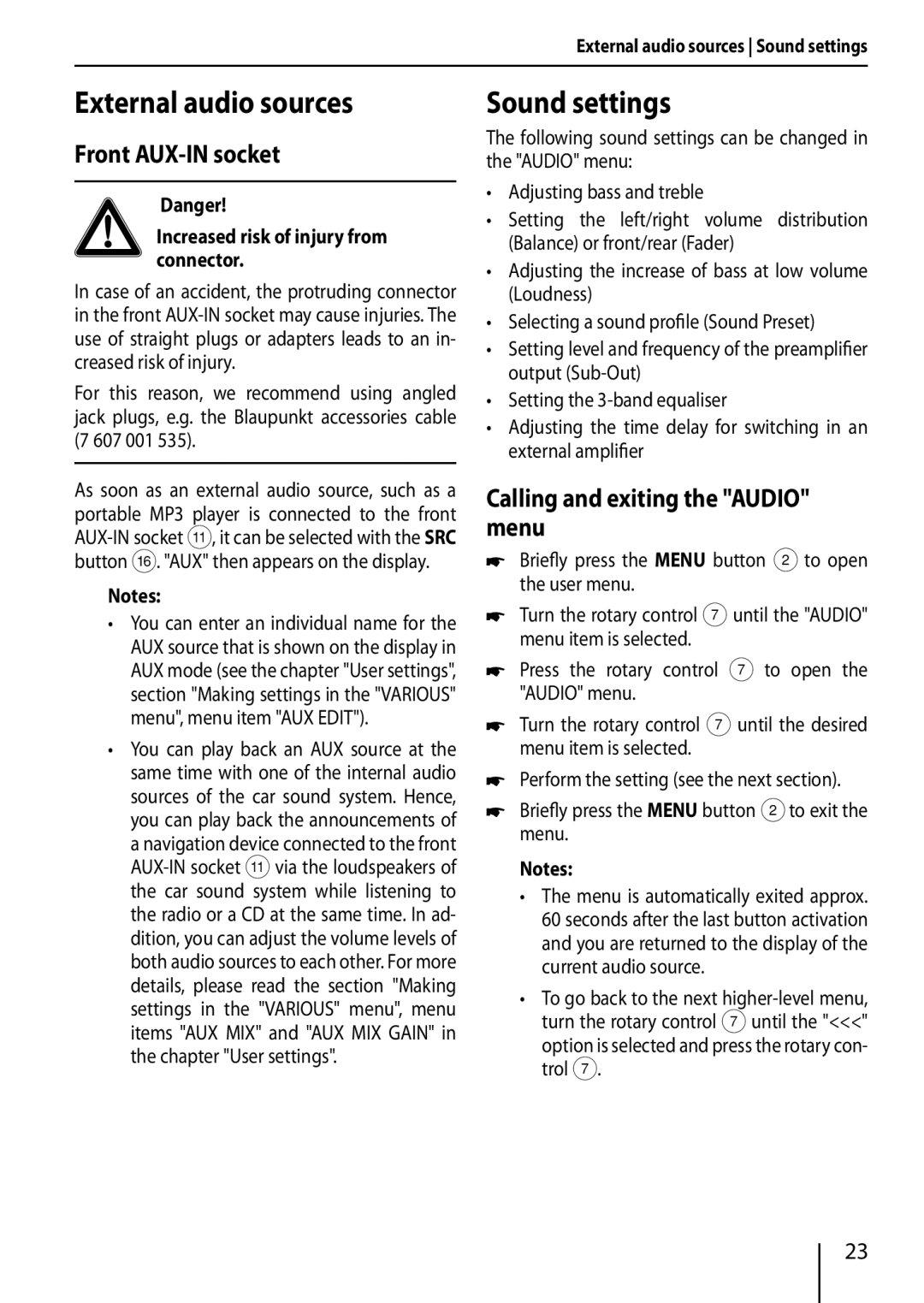 Blaupunkt TRUE External audio sources, Sound settings, Front AUX-IN socket, Calling and exiting the Audio menu 