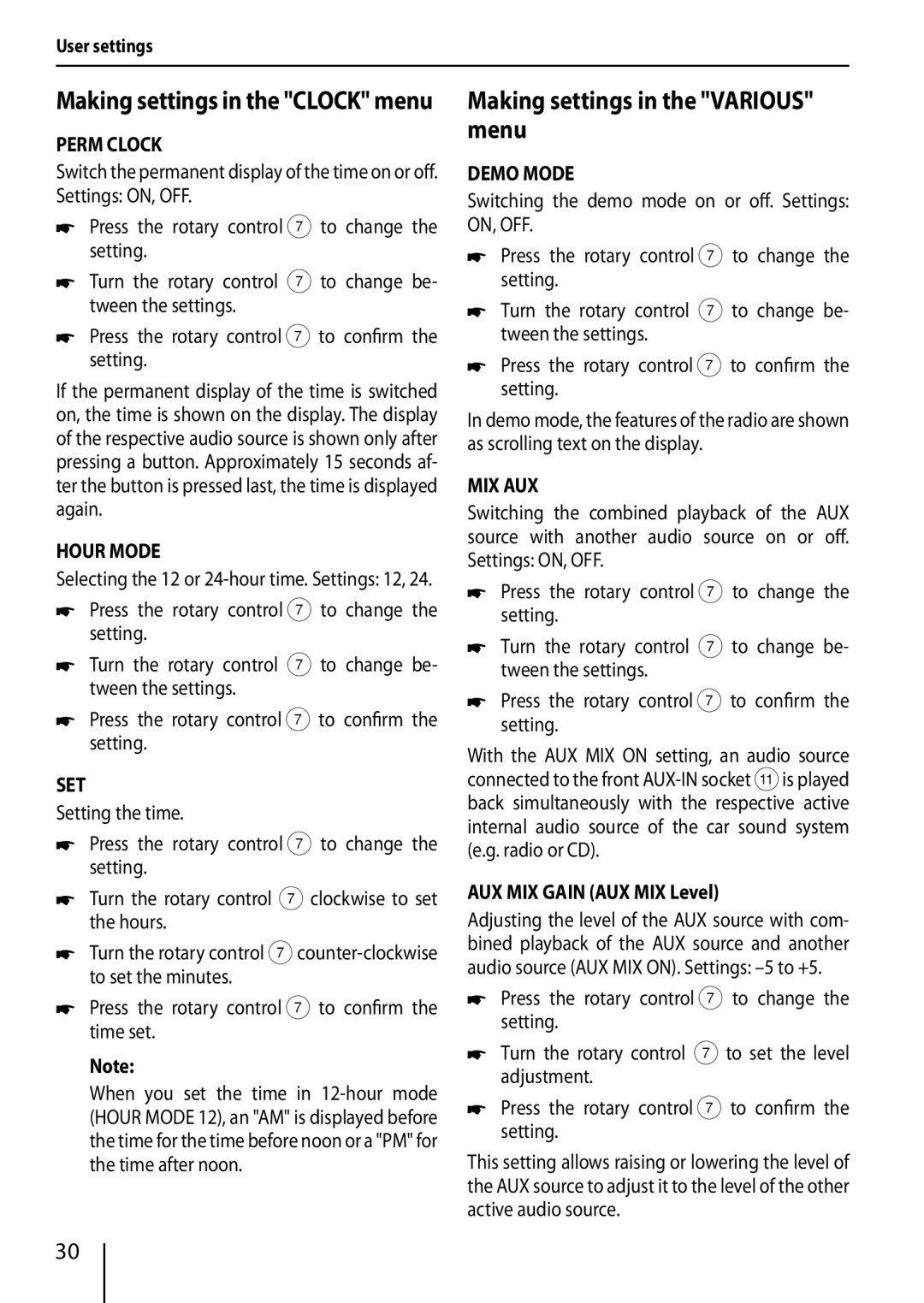 Blaupunkt TRUE installation instructions Making settings in the Various menu 