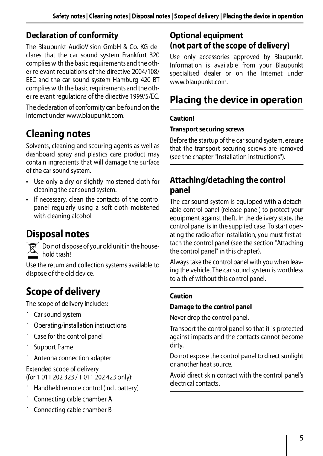 Blaupunkt TRUE installation instructions Cleaning notes, Disposal notes, Scope of delivery 