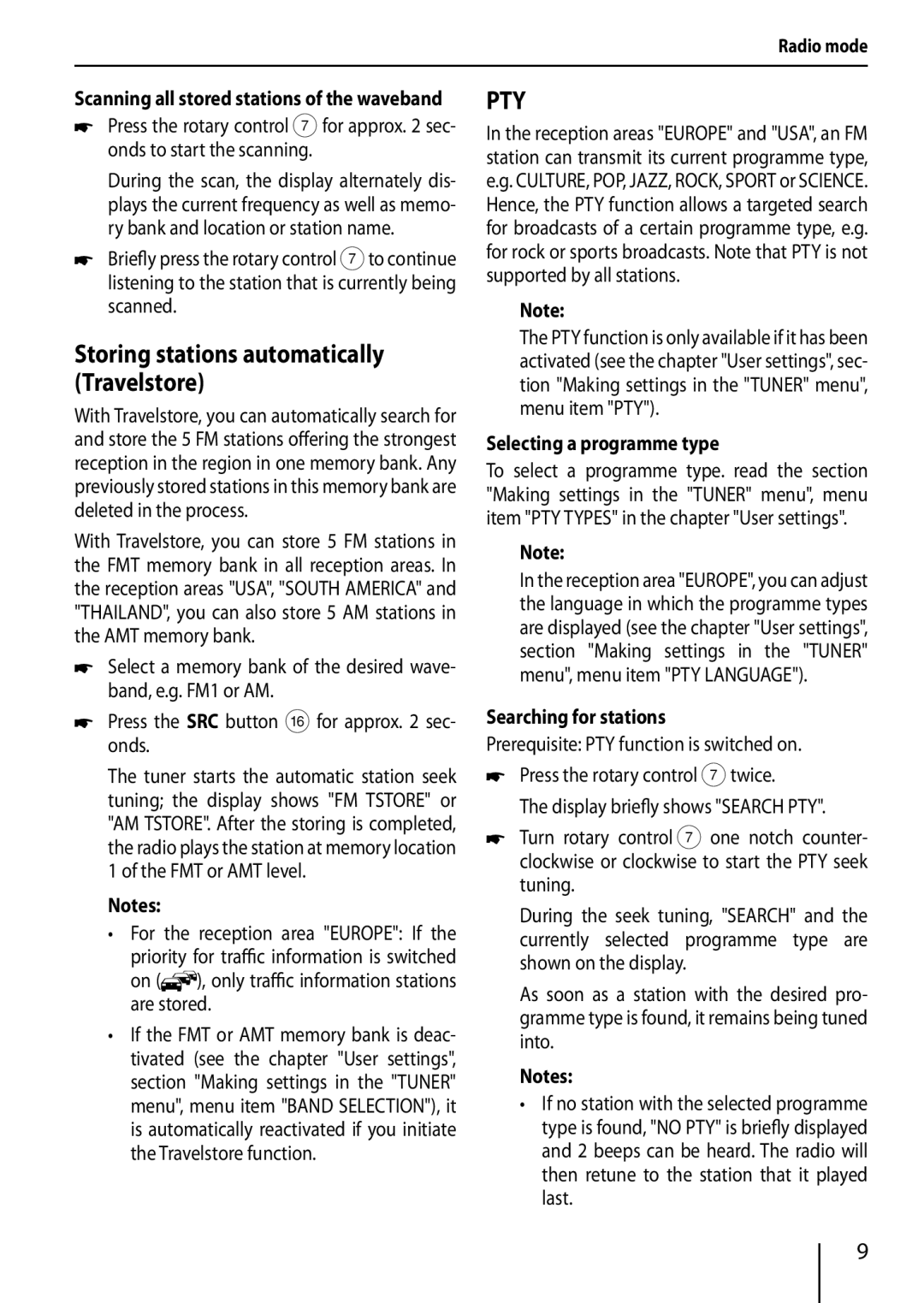 Blaupunkt TRUE On , only traffic information stations are stored, Selecting a programme type, Searching for stations 