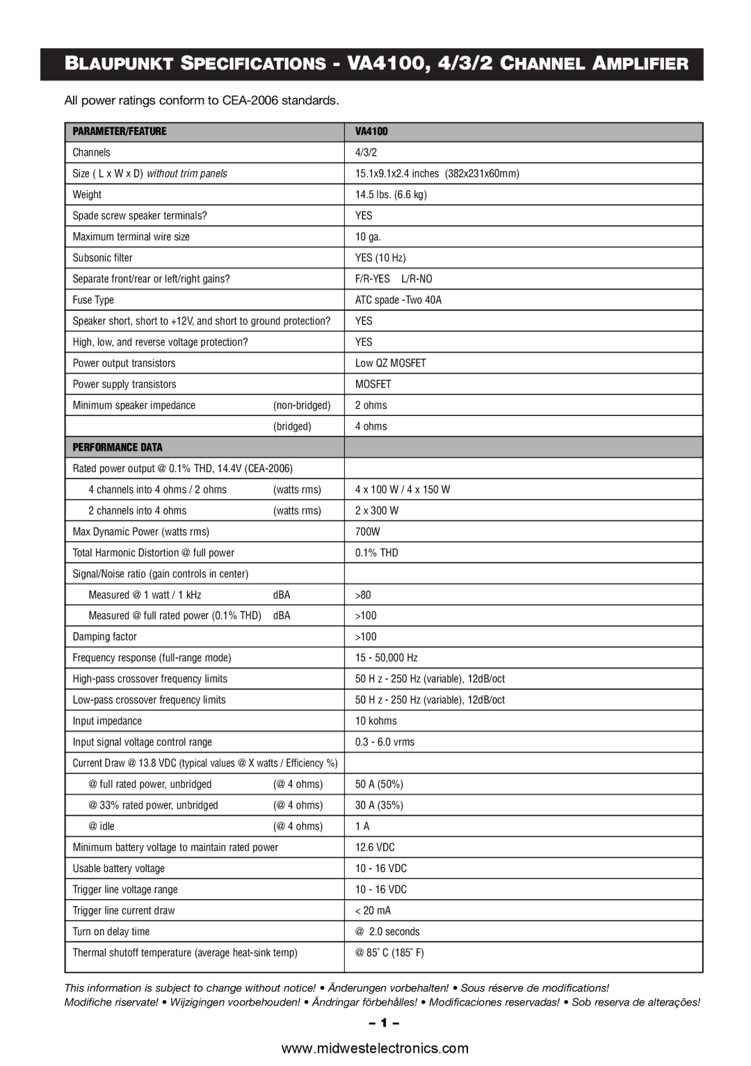 Blaupunkt Blaupunkt Specifications VA4100, 4/3/2 Channel Amplifier, All power ratings conform to CEA-2006 standards 